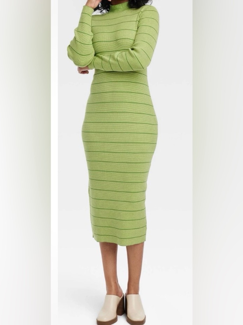House of Aama Long Sleeve High Neck Maxi Knit Dress Green Striped XS NWT